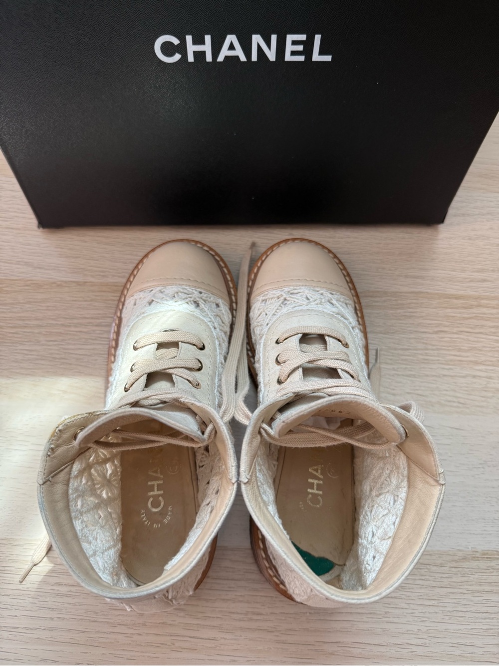 CHANEL Cream Crochet Lace-Up High-Top Boots - Picture 7 of 15
